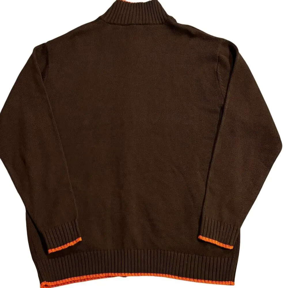 Y2K Southpole Ribbed Full Zip Mock Neck Sweater Cardigan Brown Orange Trim XL